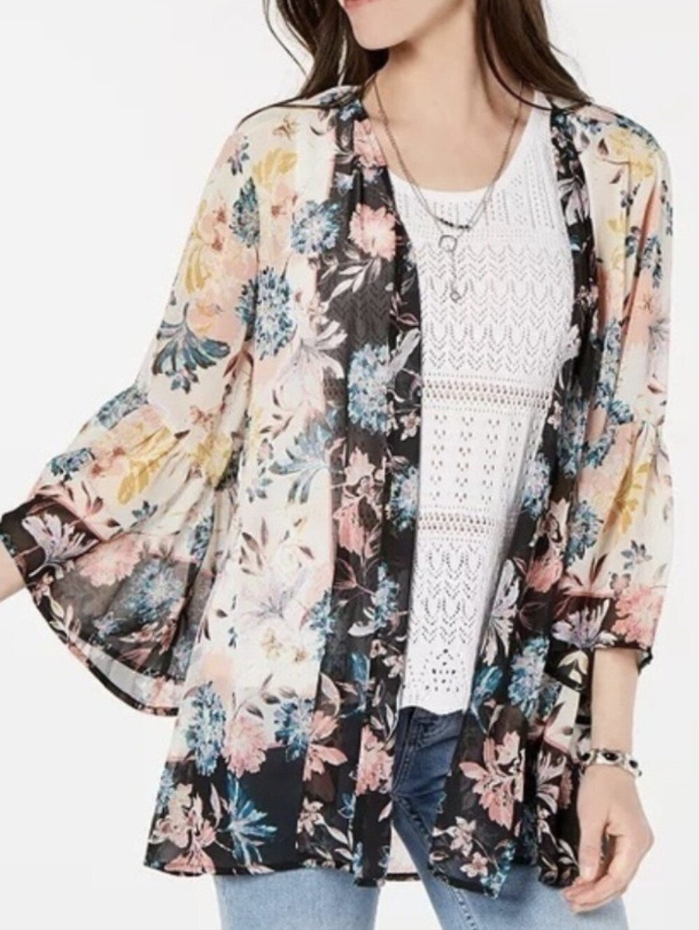 NWOT Style & Co. Floral Lightweight Semi-Sheer Kimono Bell Sleeves Size Medium - Picture 3 of 9